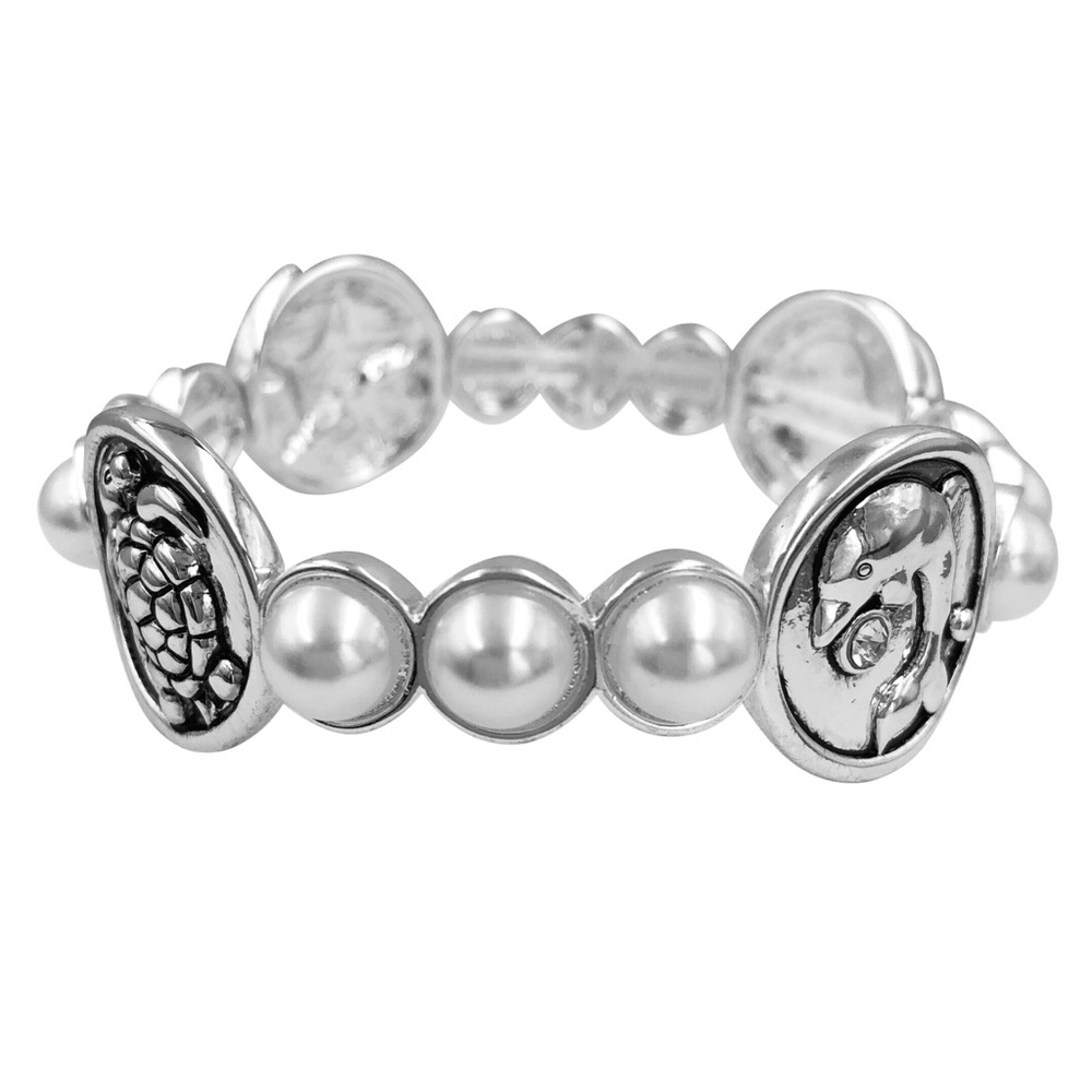 Mixed Sealife Dolphin Turtle Starfish Sand Dollar Silver Pearl Stretch Bracelet